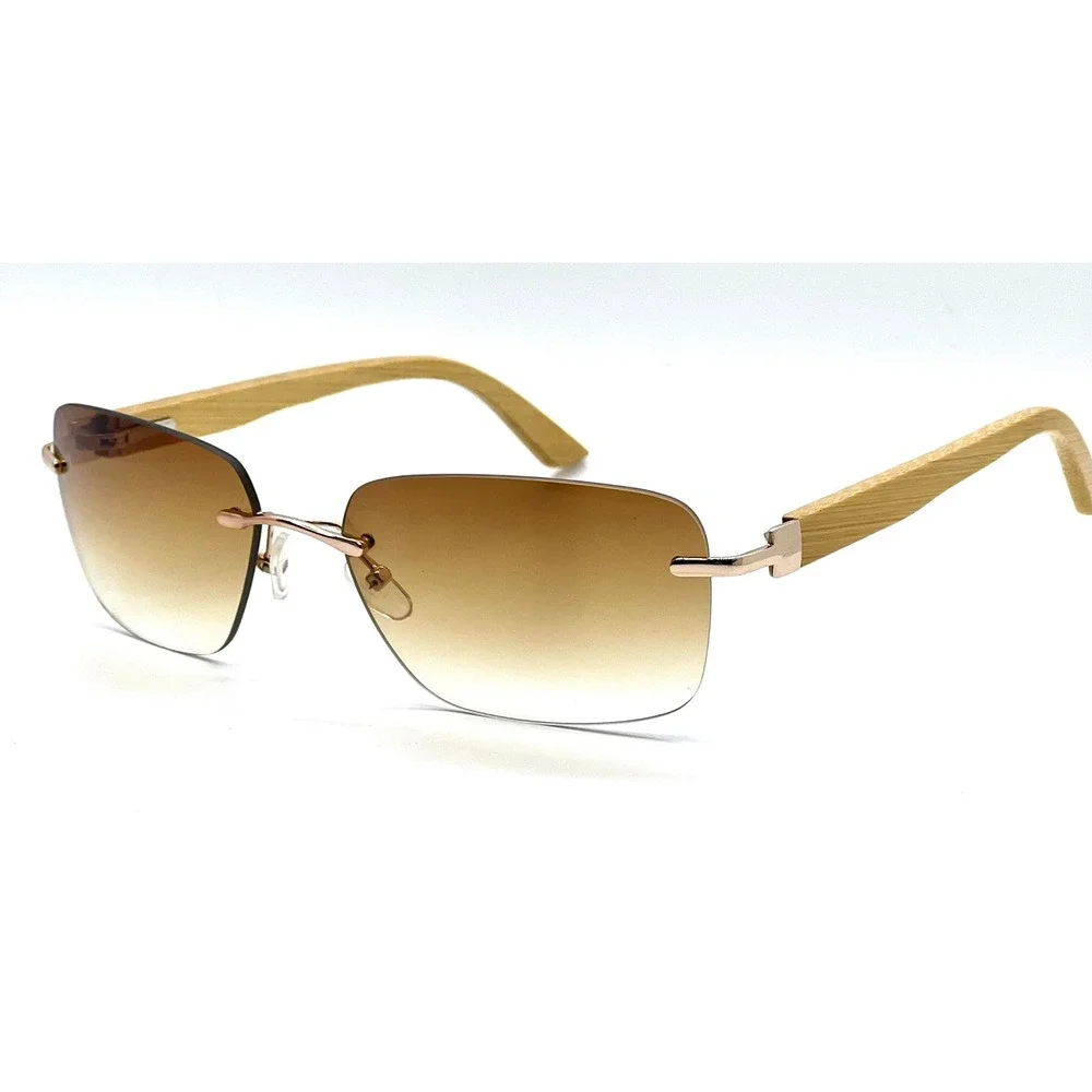 Rimless Sunglasses Wood Grain Arms Brown Gradient Lens Lightweight Fashion Gafas